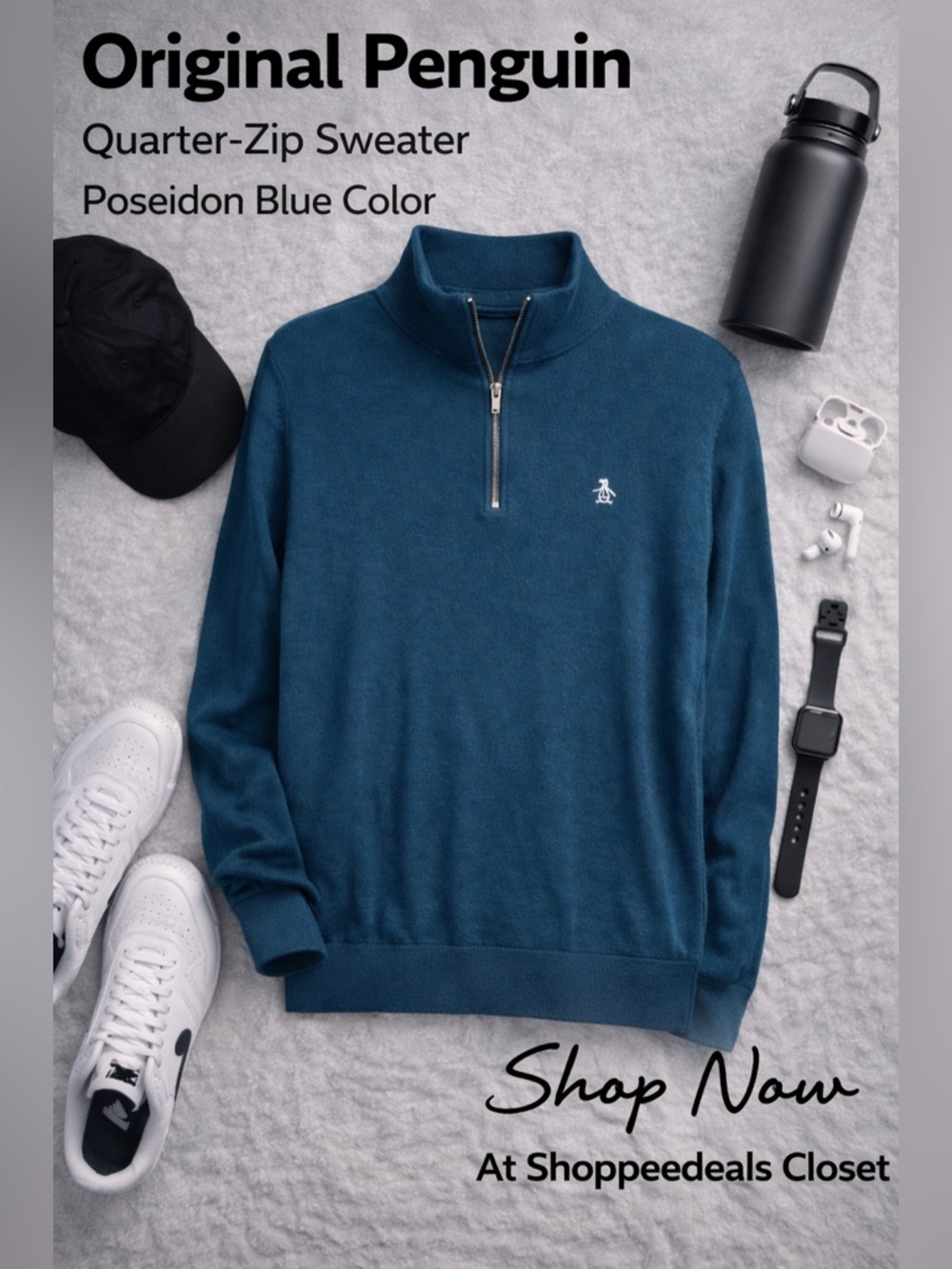 Original Penguin Poseidon Blue Quarter Zip Sweater Men’s Pullover Preppy